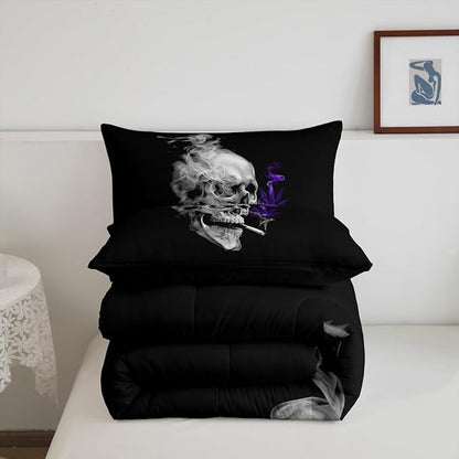 Erosebridal Gothic Skull Comforter Set King,Purple Leaves Bedding for Women Men Adults,Tropical Botanical Plant Bedding Comforter Sets,Smoky Skeleton Down Comforter