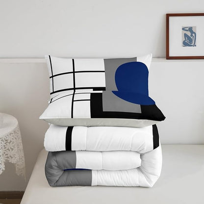 Erosebridal White Black Blue Striped Toddler Comforter Boho Modern Geometric Abstract Bedding Set Stripes Lines Duvet Insert Minimalist Square and Circle Bed Sets