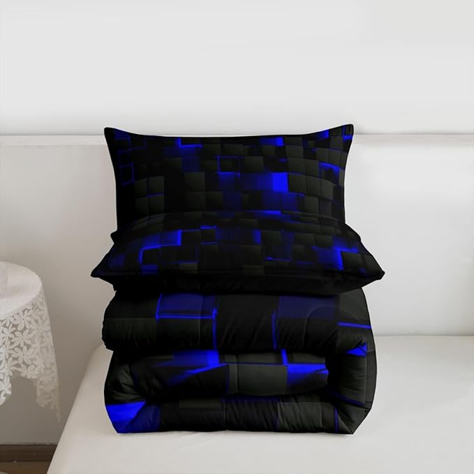 Erosebridal Black Navy Royal Blue Comforter Set Full Neon Geometric Checkered Bedding Set for Teen Boys Gamer Room Decor,Abstract Stereoscopic Grids Quilt Square Plaid Check Bed Set 3 Pcs
