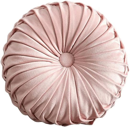 MOCOFO Round Velvet Throw Pillow, Pumpkin Shape Decorative Floor Cushion, Handcrafted Pleated Design, 14 and 16 Inch Diameter, Multiple Colors, Polyester Fill (Light Pink, 14")