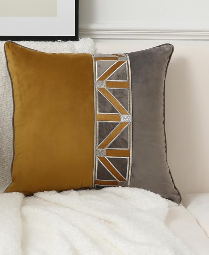 Throw Pillow Covers with Insert Included, with Embroidered Detail, 18 x 18 inches, Decorative Throw Pillow for Sofa Couch Bed (Gold Gray, 18" L x 18" W)
