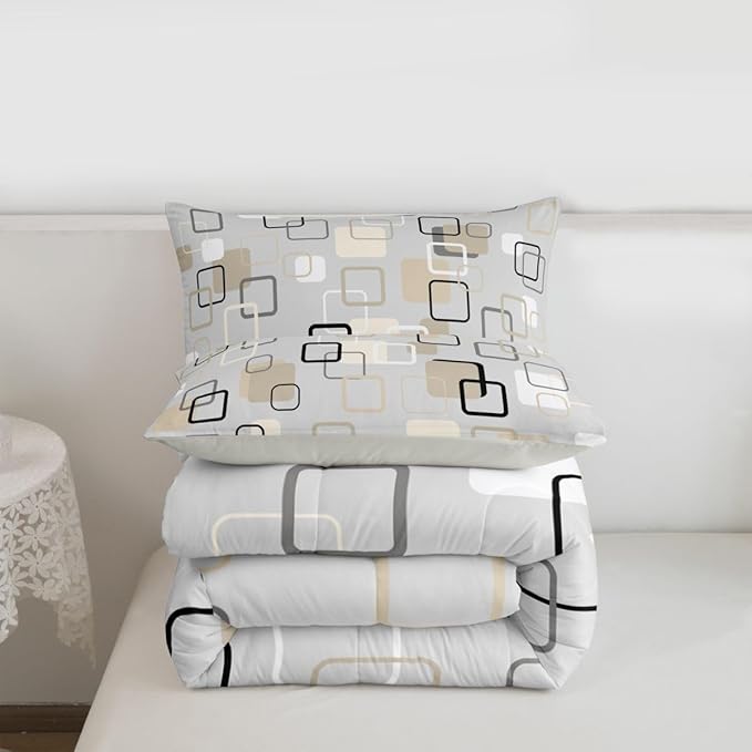 Erosebridal Minimalist Geometric Square Bedding Set Full Mid-Century Plaid Comforter Set for Kids Girls Boys Neutral Gray Beige Abstract Down Comforter Modern Checkered Quilt Duvet