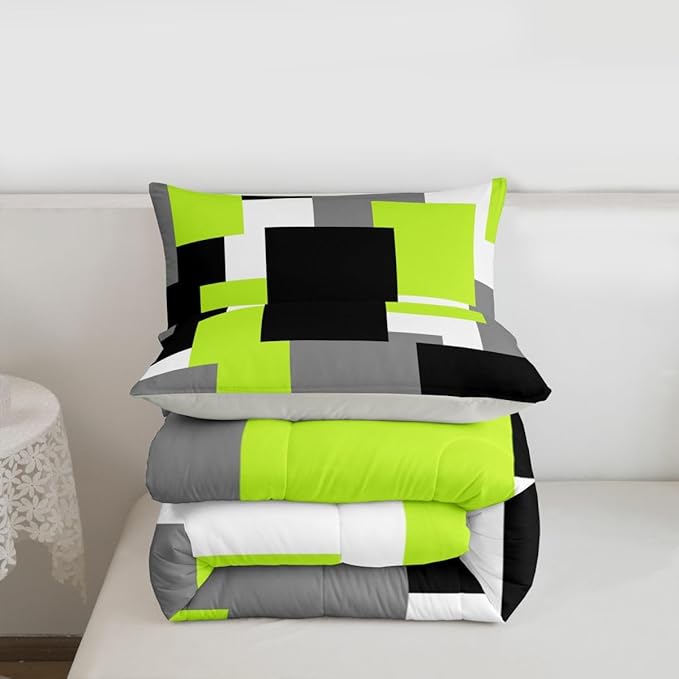 Castle Fairy Modern Abstract Bedding Set for Boys Girls,Geometric Grid Square Splicing All Season Cozy Comforter Set Full Size,Green Grey Black Duvet Set Bedroom Decor,Personalized Birthday Gifts