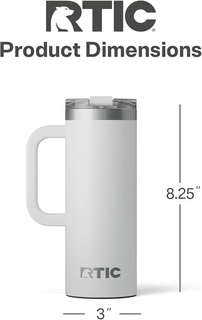 RTIC 20oz Road Trip Travel Mug with Lid and Handle, Ceramic Lined, Insulated, Stainless Steel, Metal, Double Wall Vacuum-Insulation, Portable Coffee, Tea Cup for Hot and Cold Drink, Cool Grey