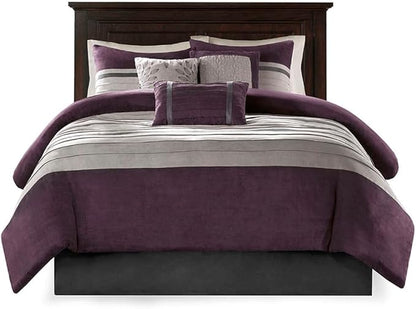 Madison Park Palmer Comforter Set - Faux Suede Design, Striped Accent, All Season Down Alternative Bedding, Matching Shams, Decorative Pillow, Bed Skirt, King (104 in x 92 in), Purple 7 Piece