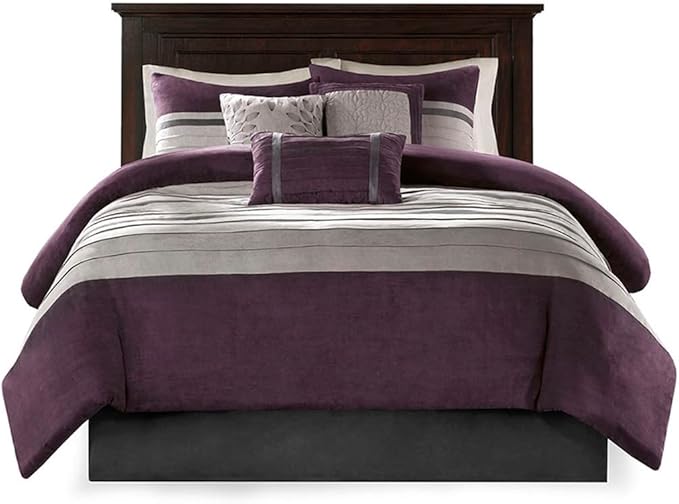 Madison Park Palmer Comforter Set - Faux Suede Design, Striped Accent, All Season Bedding, Shams, Decorative Pillow, Bed Skirt, Queen (90 in x 90 in), Purple 7 Piece