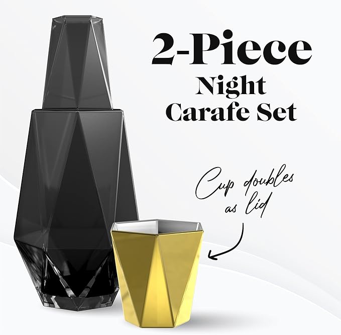 American Atelier 37 oz Modern Geometric Bedside Carafe & Cup Set – 9" Glass Carafe with Lid & Matching Cup, Angular Nightstand Drinkware for Water & Juice, Stylish Contemporary Design (Black/Gold)