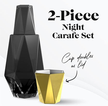 American Atelier 37 oz Modern Geometric Bedside Carafe & Cup Set – 9" Glass Carafe with Lid & Matching Cup, Angular Nightstand Drinkware for Water & Juice, Stylish Contemporary Design (Black/Gold)