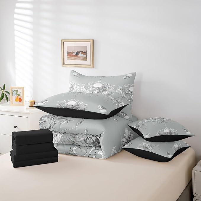 Erosebridal Gothic Comforter Set 7 Piece Bed in a Bag Twin,Goth Sugar Skull Grey White Damask Bedding Set,Bohemian Vintage Floral Comforter and Sheet Set,Exotic Antique Victorian Baroque Decor