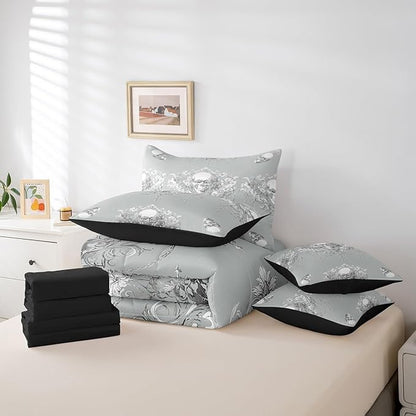 Erosebridal Gothic Comforter Set 7 Piece Bed in a Bag Twin,Goth Sugar Skull Grey White Damask Bedding Set,Bohemian Vintage Floral Comforter and Sheet Set,Exotic Antique Victorian Baroque Decor
