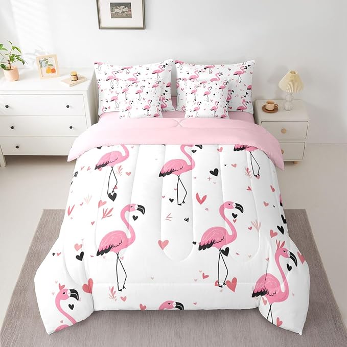 Erosebridal Kids Girls Bowknot Bow Flamingo King 7-Piece Comforter Set | Black Pink Y2K Sheets and Pillowcases Kawaii Cute Bed in A Bag Love Hearts Bed Sets