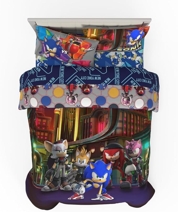 Sonic The Hedgehog Prime Anime Kids Bedding Super Soft Comforter and Sheet Set, 5 Piece Full Size, (Officially Licensed Product) by Franco