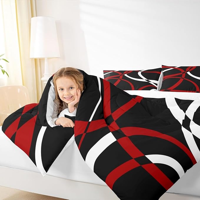 Castle Fairy Black Red White Abstract Stripes Full Size Comforter Set Geometric Circle Bedding Set for Kids Adults Teens Modern Retro Comforter Luxury Geometric Quilt Set Room Decor 3Pcs