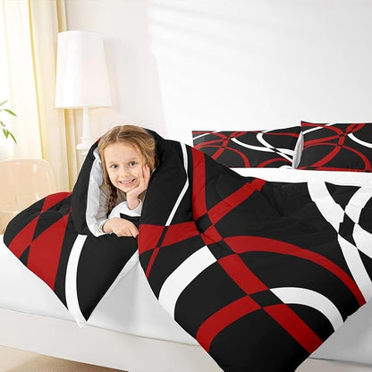 Castle Fairy Black Red White Abstract Stripes Full Size Comforter Set Geometric Circle Bedding Set for Kids Adults Teens Modern Retro Comforter Luxury Geometric Quilt Set Room Decor 3Pcs