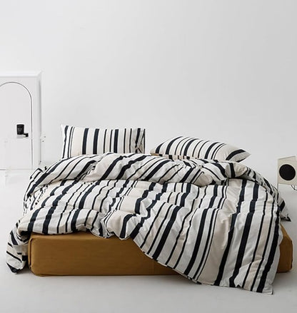 KAREVER Striped Comforter Set King Black and White Comforter Men Women Modern Chic Stripes Bed Comforters Beige Black Striped King Ticking Bedding Comforter Set All Season Hotel Quality Bed Set