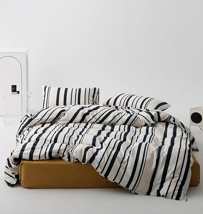 KAREVER Striped Comforter Set Full Black and White Comforter Men Women Modern Chic Stripes Bed Comforters Beige Black Striped Full Ticking Bedding Comforter Set All Season Hotel Quality Bed Set