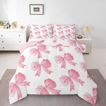 Erosebridal Pink Princess Bow Comforter Set Queen Cute Cartoon Bowknot Bedding Set for Kids Girls Teen Women,Romantic Coquette Bow Tie Comforter Girly Kawaii Butterfly Knot Bed Set