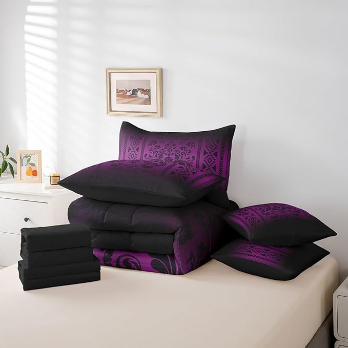 Comforter Set King Size, Dark Purple Damask Aztec 7 Pcs Bedding for Kids and Adults, Antique Decor Western Baroque Gothic Bed Sheet Sets with Fitted Sheet 2 Pillowcases & 2 Shams for Bedroom Bed Decor