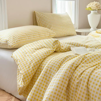 NSNLGSGC Yellow Gingham Cotton Comforter Set Twin, 100% Washed Cotton Plaid Checked Comforter Bedding, 2 Pieces Vintage Farmhouse Grid Bedding Set(Yellow Gingham, Twin)