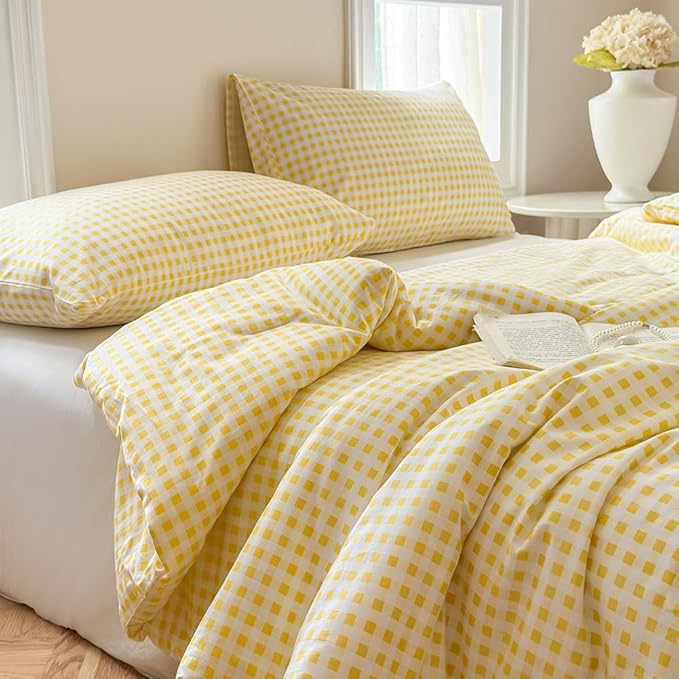 NSNLGSGC Yellow Gingham Cotton Comforter Set Queen, 100% Washed Cotton Plaid Checked Comforter Bedding, 3 Pieces Vintage Farmhouse Grid Bedding Set(Yellow Gingham, Queen)
