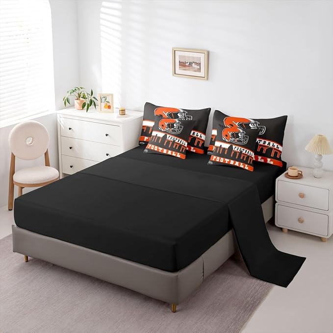 Erosebridal Football City 7 Pcs Comforter Set King Football Bedding for Young Grey Orange Rugby Game Sheet Set Bed in A Bag Football Fans Room Decor Sports Ball Competition Quilt
