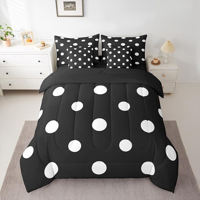 Feelyou Polka Dot 7 Piece Bedding Set Black White Comforter Set with Sheets for Kids Boys Girls Geometric Plaid Bed in a Bag Modern Cute Bed Set Soft Lightweight