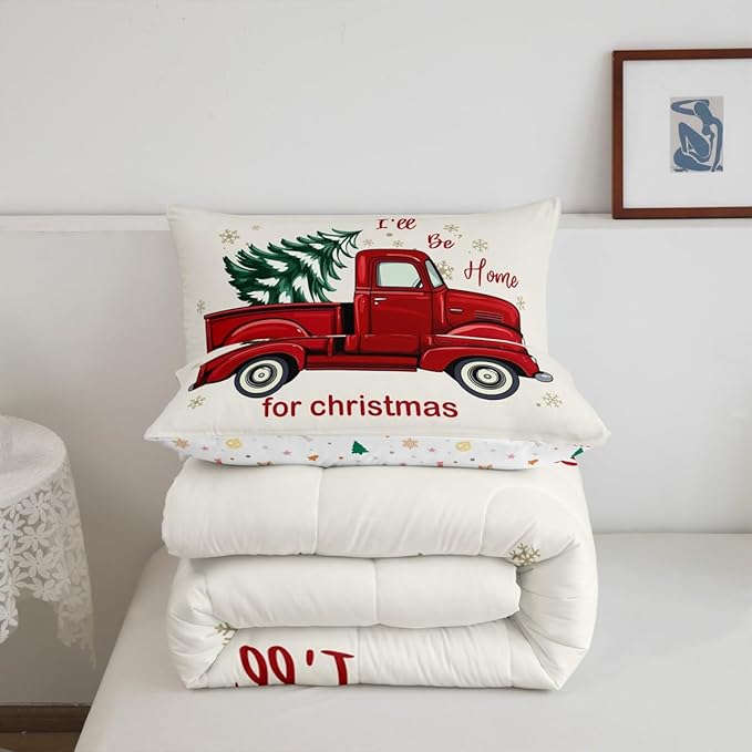 Red Christmas Truck Comforter Set Queen Size,Geometric Snowflake Antlers Plaid Bedding Set for Kids Girls Boys Room Winter Decor,Cartoon Xmas Pine Tree Quilt Set Vintage Trailer Duvet Insert,3pcs