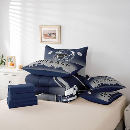 Erosebridal American Soccer Bed in A Bag Football City King 7 Pcs Bedding Set for Kids Boys Girls,Sports Rugby Comforter Set with Sheets for Ball Fans Gift,Competitive Ball Games Bed Set