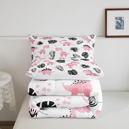 Castle Fairy Watercolor Cute Animals 3 Pcs Queen Size Comforter Set,Palm Leaf Tropical Plants Down Alternative Adults Room Decor,Cartoon Pink Dinosaur Ultra Soft Microfiber Inner Fill 3Pcs Bedding