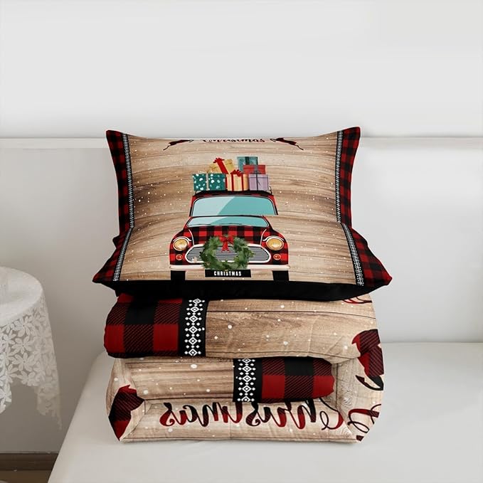 Rustic Farmhouse Brown Wooden 3 Pcs Queen Size Comforter Set,Snowflake Deer Red Plaid Down Alternative Adults Room Decor,Christmas Plaid Truck Ultra Soft Microfiber Inner Fill 3Pcs Bedding