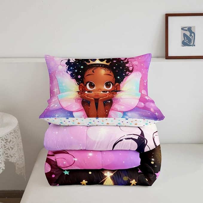 Manfei Cute Girl Comforter Set King Size, Black Princess with Wings Down Comforter, Pink Purple Glitter Galaxy Bedding Set for Kid Women Adult Room Decor, Reversible Duvet Insert,2 Pillowcases