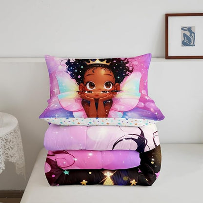 Manfei Cute Girl Comforter Set King Size, Black Princess with Wings Down Comforter, Pink Purple Glitter Galaxy Bedding Set for Kid Women Adult Room Decor, Reversible Duvet Insert,2 Pillowcases