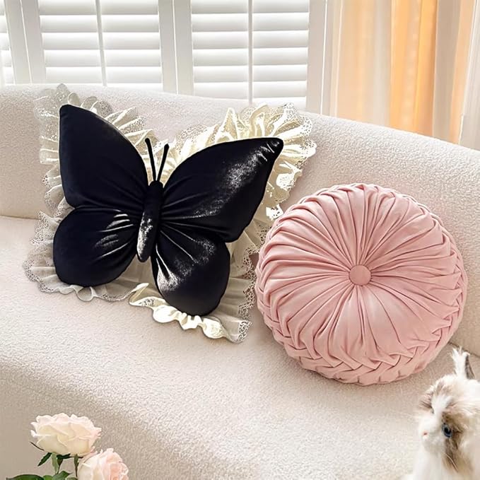 Butterfly Throw Pillow, Butterfly Shaped Decorative Pillow for Sofa Couch Bed, Plush Velvet Lumbar Support Cushion for Office Chair & Car Seat (Black)