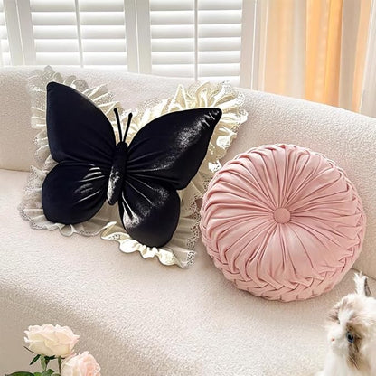 Butterfly Throw Pillow,21.6 inch Velvet Butterfly Decorative Pillow with Lace Trim,Animal Pillow for Couch Living Room Bed,Home Garden Decor (Black)