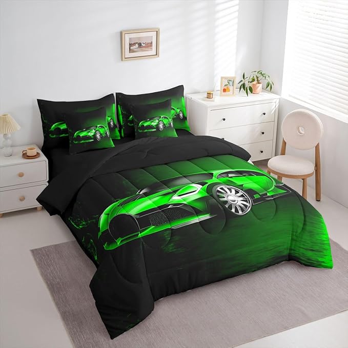 Feelyou Sports Car 7 Piece Bedding Set Green Race Car Comforter Set with Sheets for Kids Boys Girls Extreme Sports Theme Bed in a Bag Cool Speed Luxury Car Decor Bed Set with 2 Pillowcases King