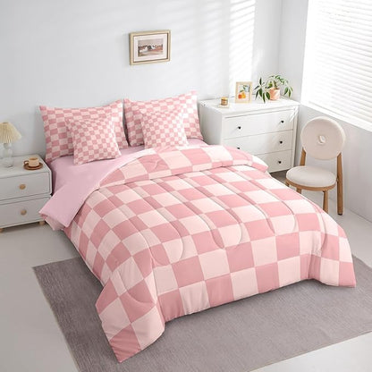 Feelyou Checkered Retro 7 Piece Bedding Set Teen Women Men Pink Gradient Plaid Comforter Set with Sheets Twin Size Kids Boys Geometric Vintage Bed in a Bag Modern Simple Groovy Aesthetic Room Decor