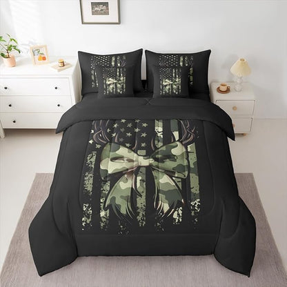 Erosebridal Camouflage King Comforter Set Antlers 7-Piece Bed in A Bag Elk Deer Bow Bowknot American Flag Military Sheets and Pillowcases Black Green Bed Sets