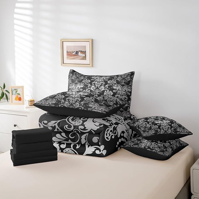 Erosebridal Gothic Damask Bed in a Bag King Size Comforter Set 7 Pieces,Sun Moon Tree of Life Bedding Sets Black White Victorian Floral Goth Sheet Set with Comforter
