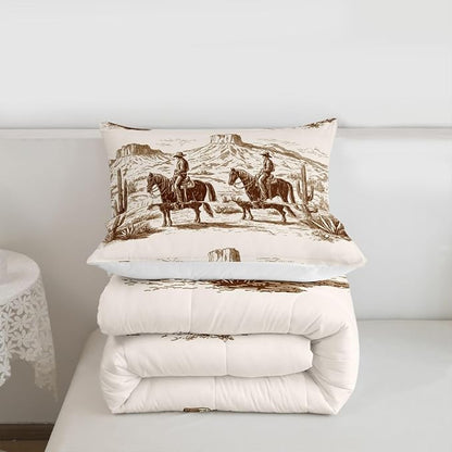 Wild West Comforter Set Full Cowboys Bedding For Man Teens Boy American Western Desert Hunting Horse Riding Bedding Comforter Sets Hand Drawn Illustration Mountain Cactus Room Decor Duvet Insert