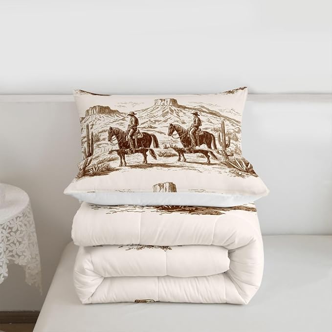 Wild West Comforter Set King Cowboys Bedding For Man Teens Boy American Western Desert Hunting Horse Riding Bedding Comforter Sets Hand Drawn Illustration Mountain Cactus Room Decor Duvet Insert