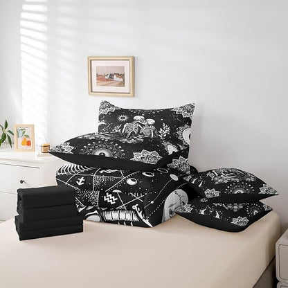 Feelyou Gothic Skull Bed in a Bag with Comforter, Full Size 7Pcs Halloween Themed Bedding Set with Comforter, Women Men Ultra Soft Sugar Skull Comforter Boho Floral Room Decor
