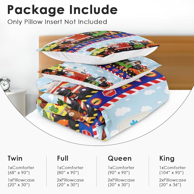 Vintage Car Lion Comforter Set for Kids Toddlers Teens Adults Queen, City Tractor Fire Bedding Sets Water Washed Microfiber Bedding with 1 Comforter 2 Pillowcase All Season