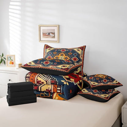 Erosebridal Vintage Bed in a Bag Art Deco Bedding Set, Black Oriental Medallion Queen Comforter Set 7-Piece Himalayas Bohemian Bedding Comforter Sets, Boho Turkish Bed Sheets Set Lightweight Soft