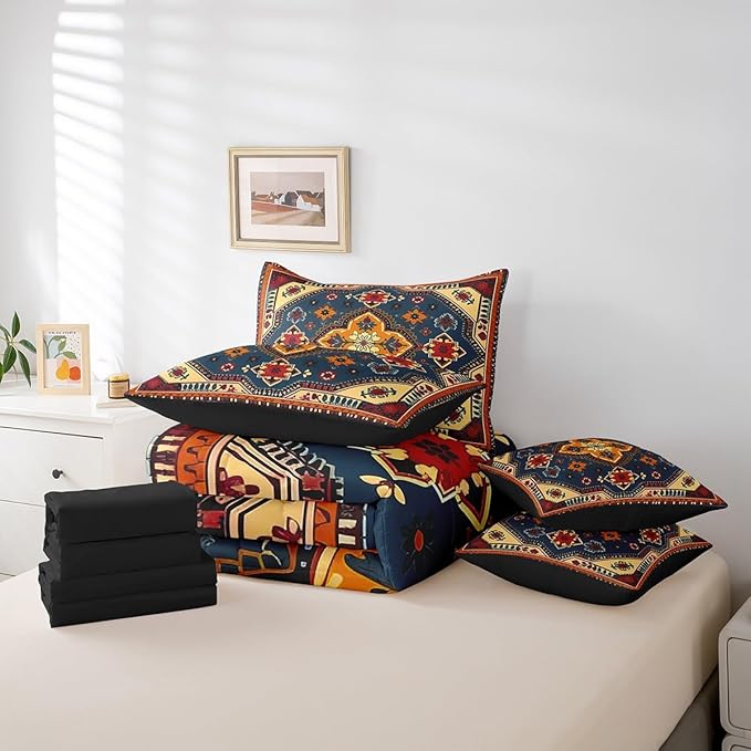 Erosebridal Vintage Bed in a Bag 7pcs Art Deco Bedding Set, Black Oriental Medallion Twin Size Comforter Set Himalayas Bohemian Bedding Comforter Sets, Boho Turkish Bed Set Lightweight Soft