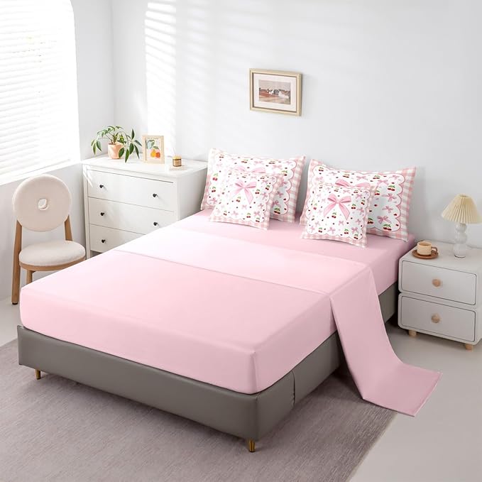 Erosebridal Bow Cherry Plaid Pink Girls Kids King 7-Piece Comforter Set | Bowknot Fruits Kawaii Cute Sheets and Pillowcases Checkered White Princess Red Bed in A Bag Teens Women Bed Sets