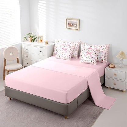 Erosebridal Bow Cherry Plaid Pink Girls Kids Full Comforter Set 7 Pieces | Bowknot Fruits Kawaii Bed in A Bag for Bedroom Checkered White Red Bedding Set with Comforters Teens Women Room Decor