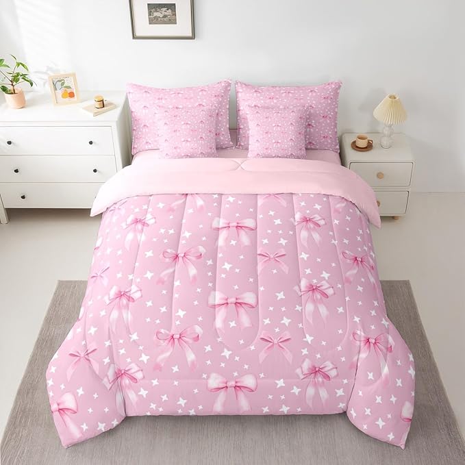 Erosebridal Pink White Starry Girly Bowknot King 7-Piece Comforter Set | Kawaii Bow Cute Dreamy Sheets and Pillowcases Princess Ribbon Bed in A Bag Women Kids Bed Sets