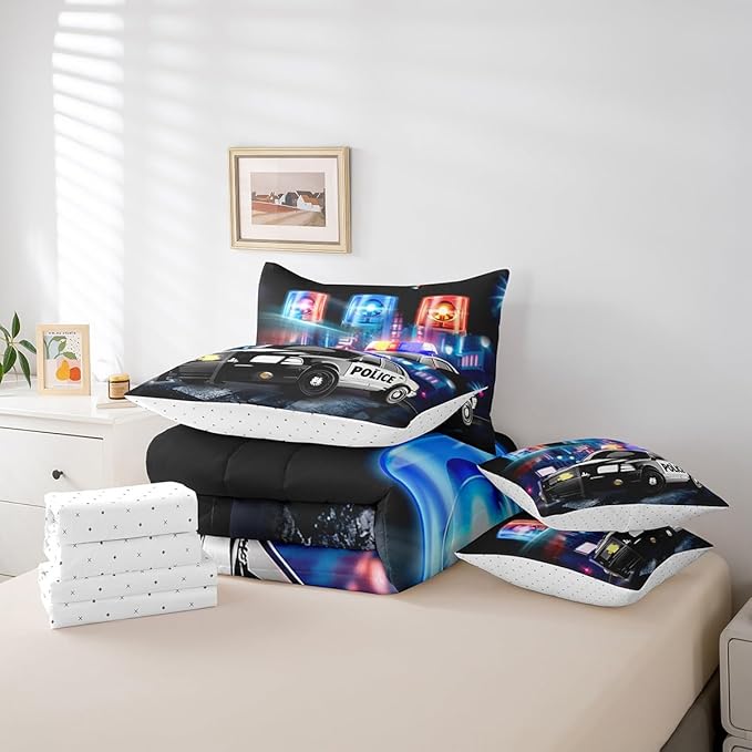 Kids Police Car Toddler Bed in a Bag Policeman Boys Comforter Set with Sheets for Adults Girls Black The Polica Vehicle 7 Piece Bedding Set Automobile Car Decor Bed Set with 2 Pillowcases Queen