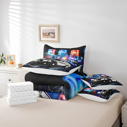 Kids Police Car Toddler Bed in a Bag Policeman Boys Comforter Set with Sheets for Adults Girls Black The Polica Vehicle 7 Piece Bedding Set Automobile Car Decor Bed Set with 2 Pillowcases King