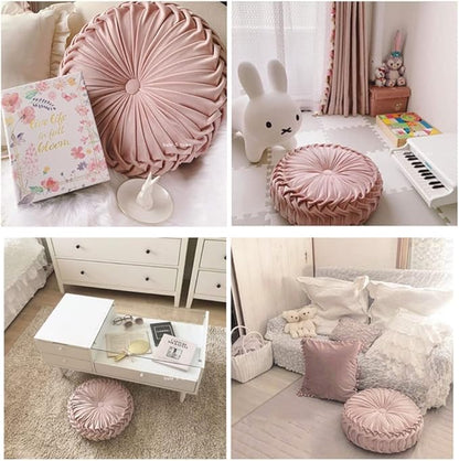 NatureMan 13.7 inch Round Sofa Cushion Pure Color Velvet Home Decor, Pleated Round Cushion, Pumpkin Pillow Suitable for Home Bed car Decoration (Pink)